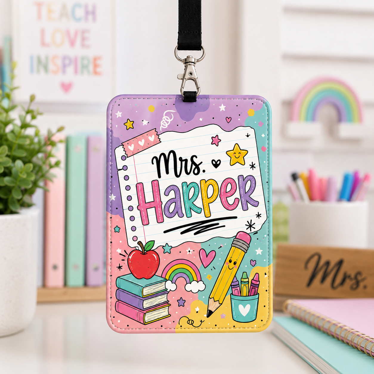 Colorful Teacher ID Badge Holder – Custom Name Lanyard