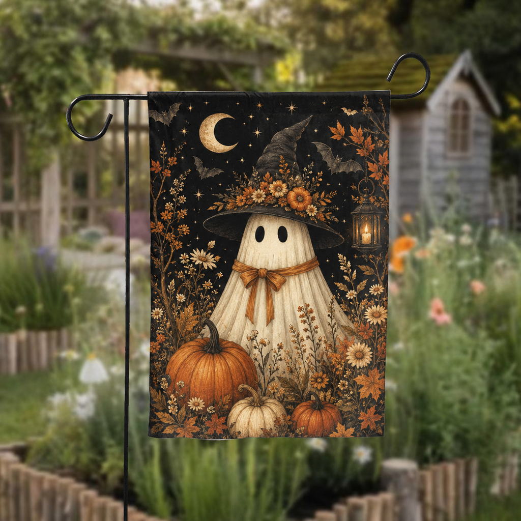 Floral Ghost Witch Halloween Garden Flag