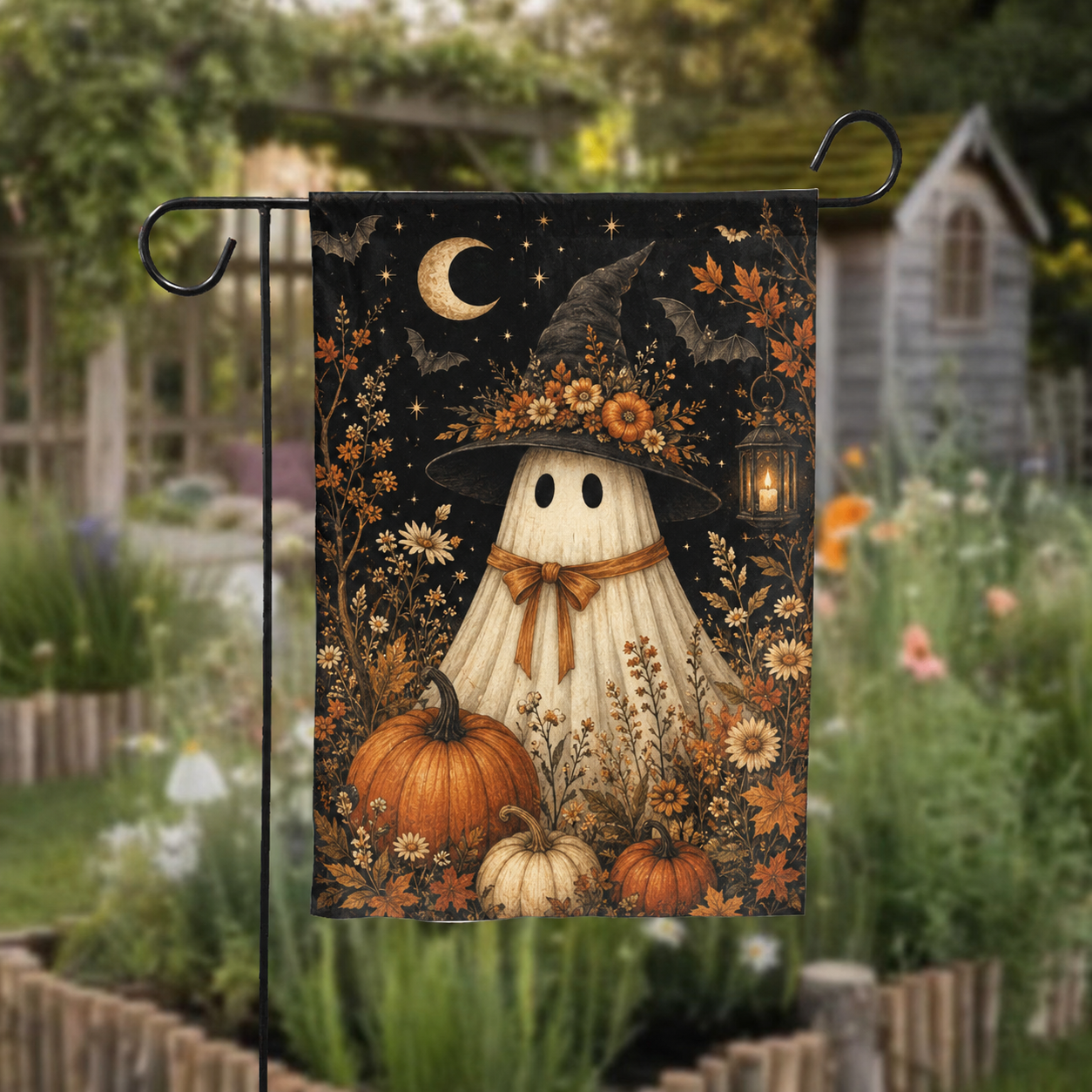 Floral Ghost Witch Halloween Garden Flag