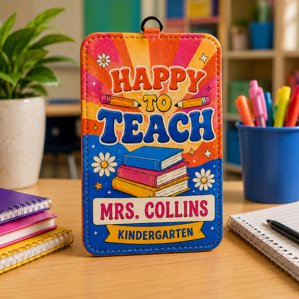 Retro Happy to Teach Kindergarten ID Case - CUstom Grade Level & Name
