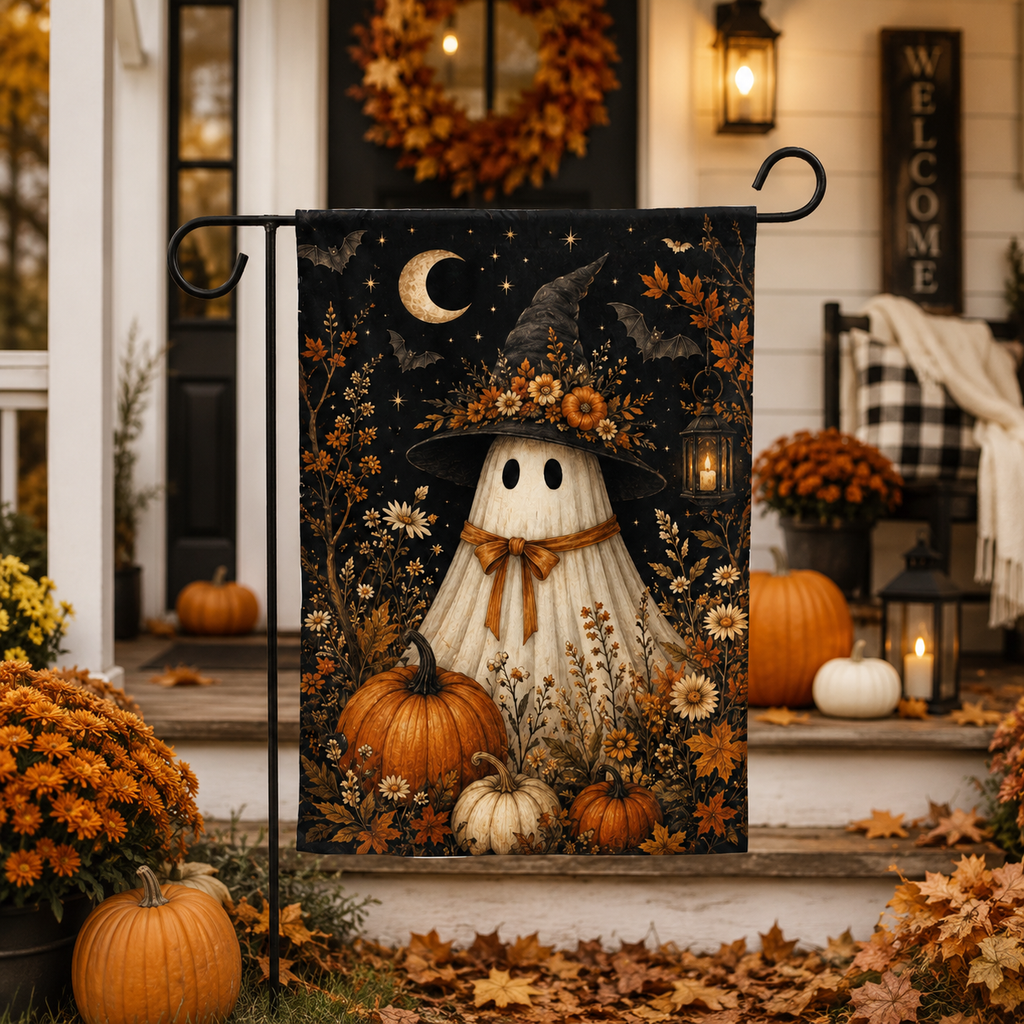 Floral Ghost Witch Halloween Garden Flag