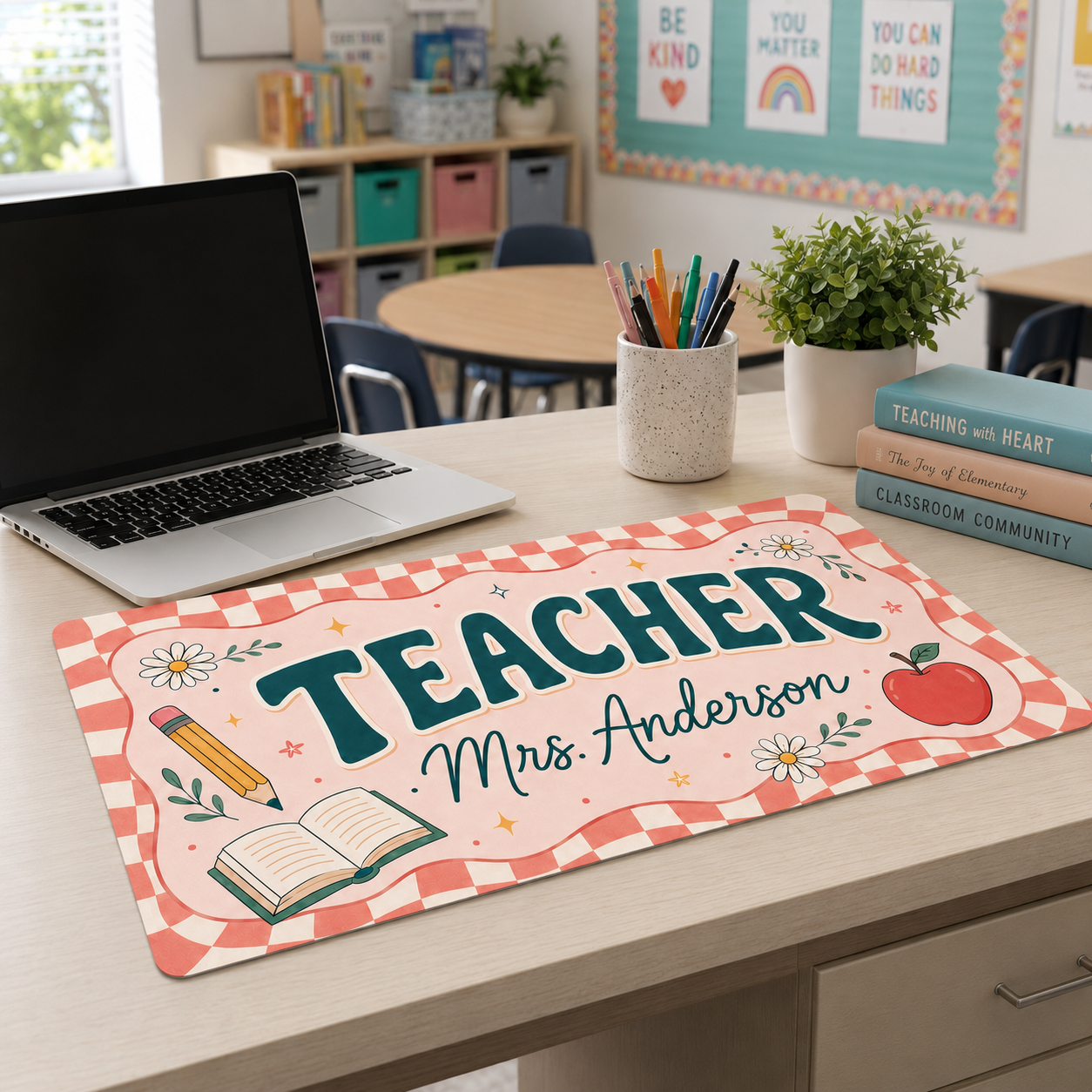 Pink Striped Teacher Name Desk Mat