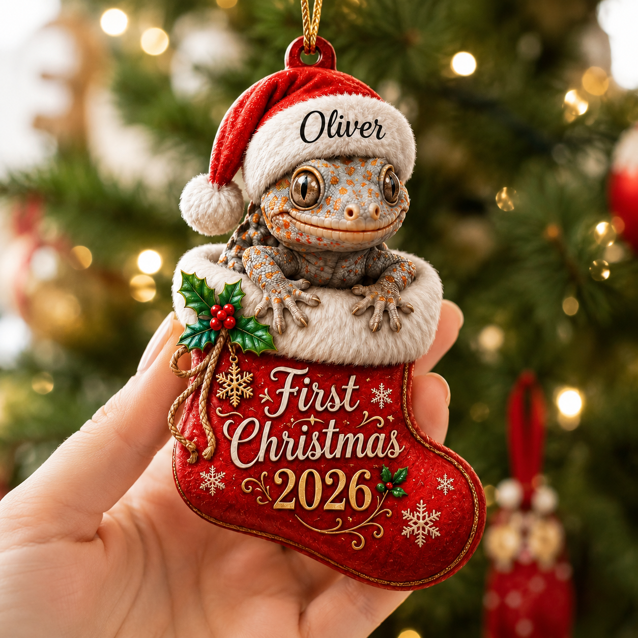 Christmas Alligator Ornament - 2D Flat Acrylic - Custom Name