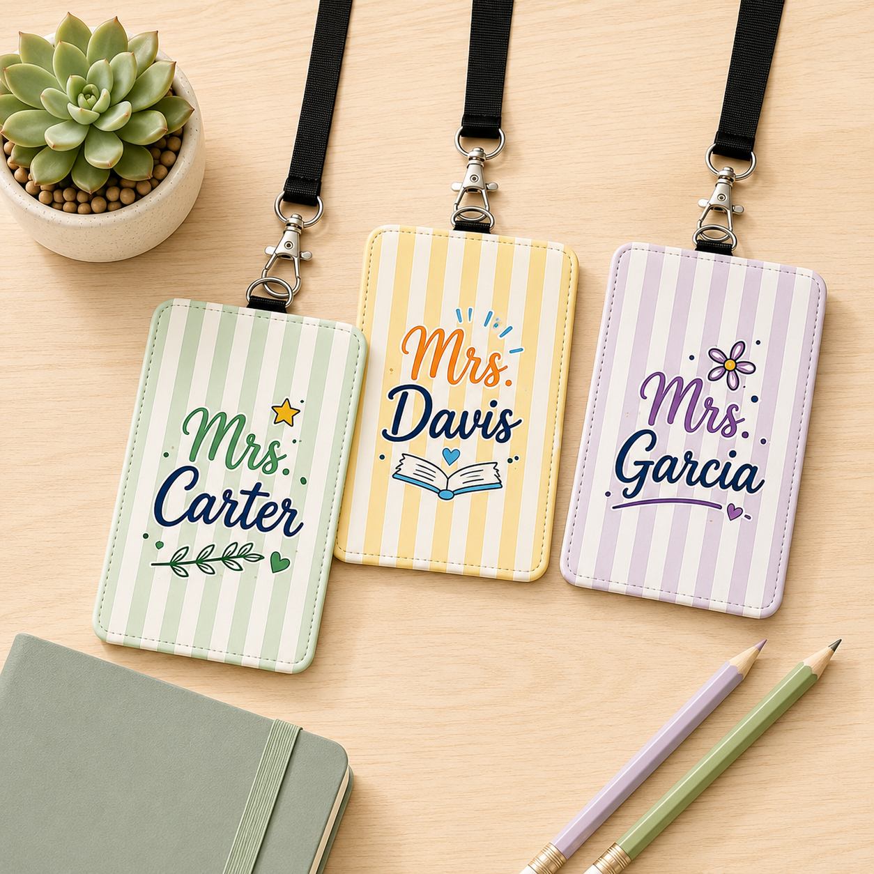 Pastel Stripe Custom Teacher Lanyard Case - 5 Colors