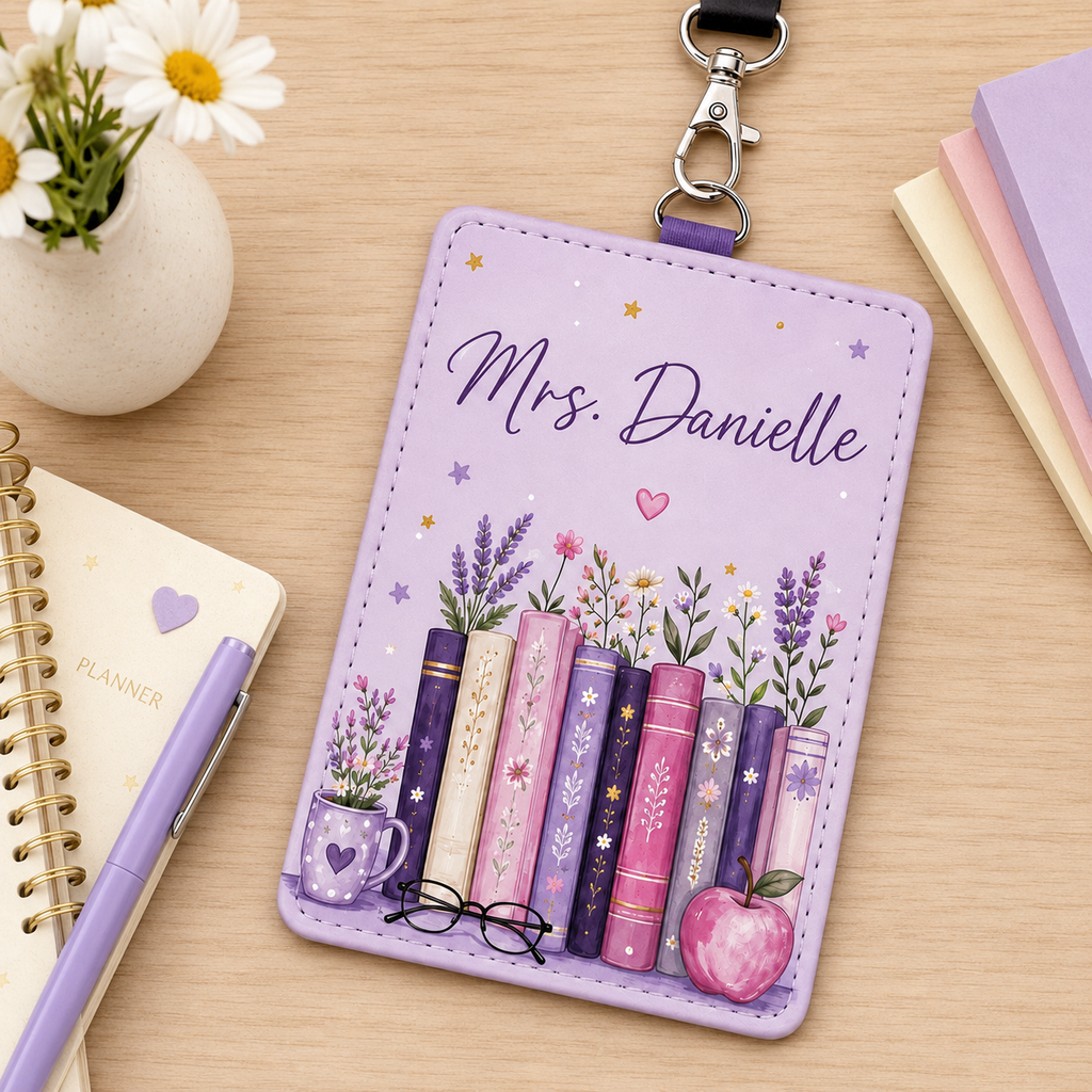 Lavender Book Garden Teacher Badge Case