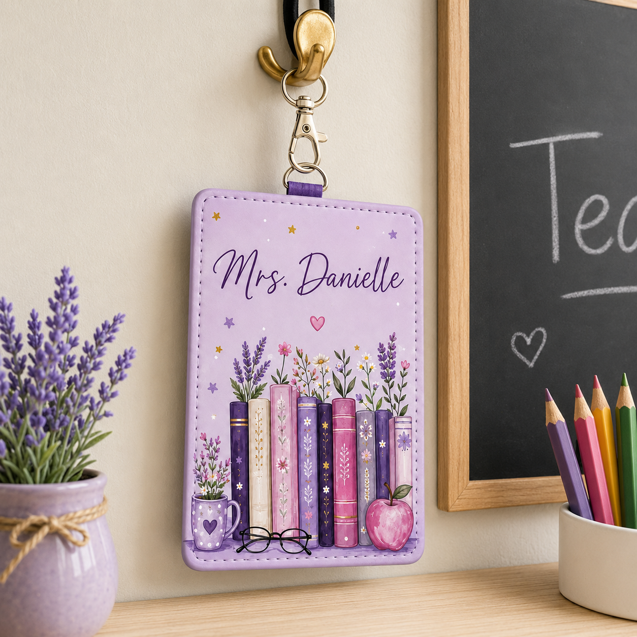 Lavender Book Garden Teacher Badge Case
