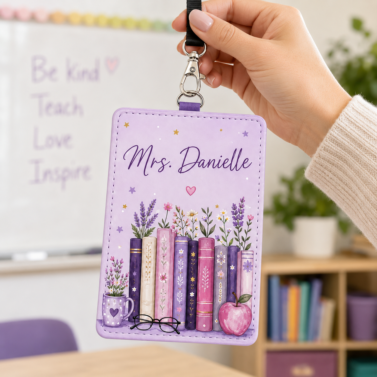 Lavender Book Garden Teacher Badge Case