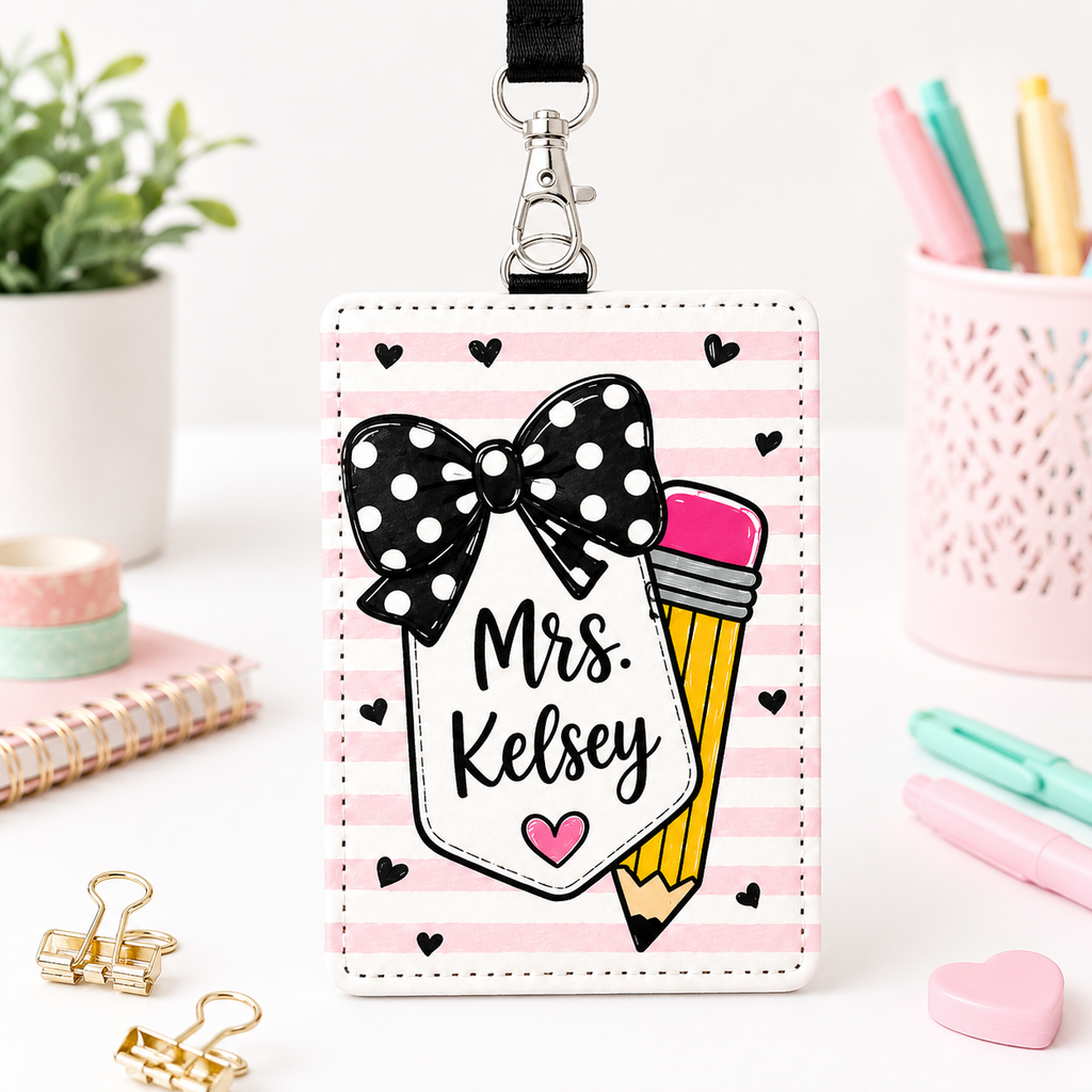 Personalized Teacher Badge Holder – Pencil & Bow