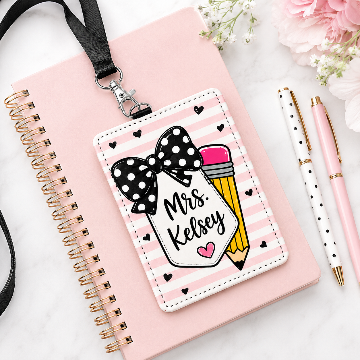 Personalized Teacher Badge Holder – Pencil & Bow