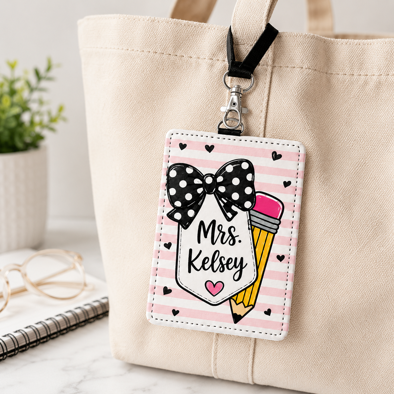 Personalized Teacher Badge Holder – Pencil & Bow