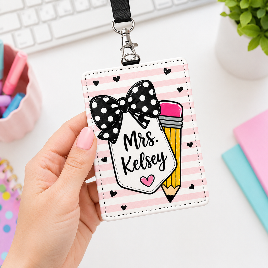 Personalized Teacher Badge Holder – Pencil & Bow