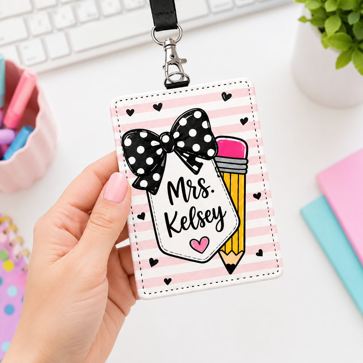 Personalized Teacher Badge Holder – Pencil & Bow