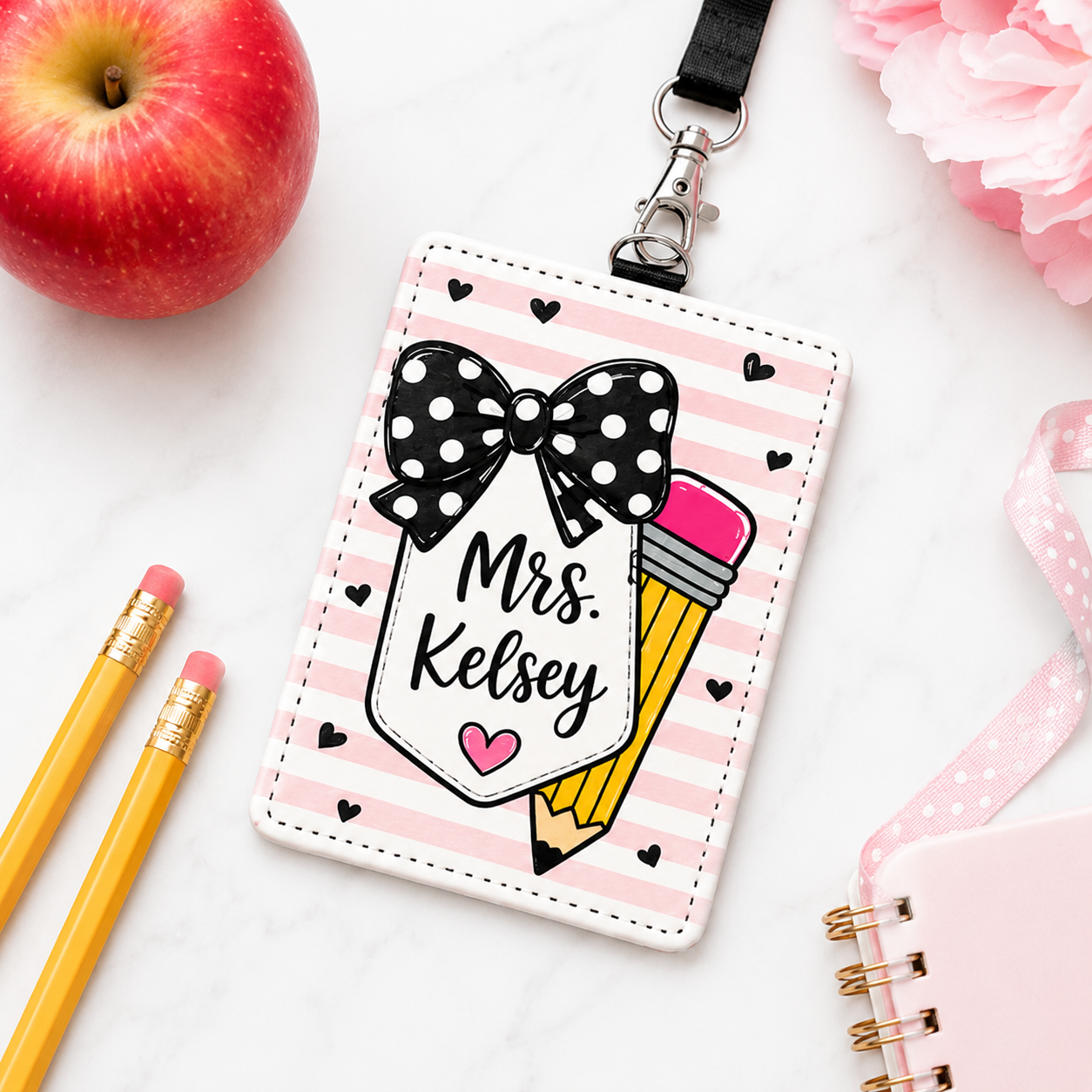 Personalized Teacher Badge Holder – Pencil & Bow