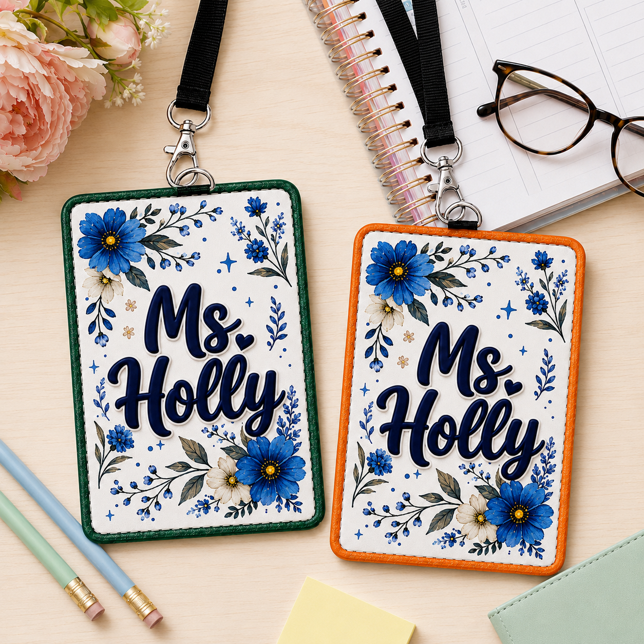 Personalized Floral Educator Badge Holder - 6 Colors