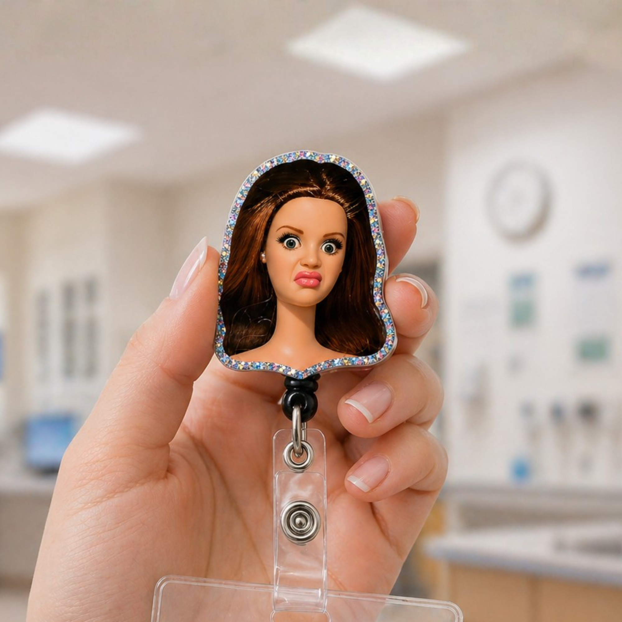 Doll Face Meme Badge Reel – Funny Retractable ID Clip