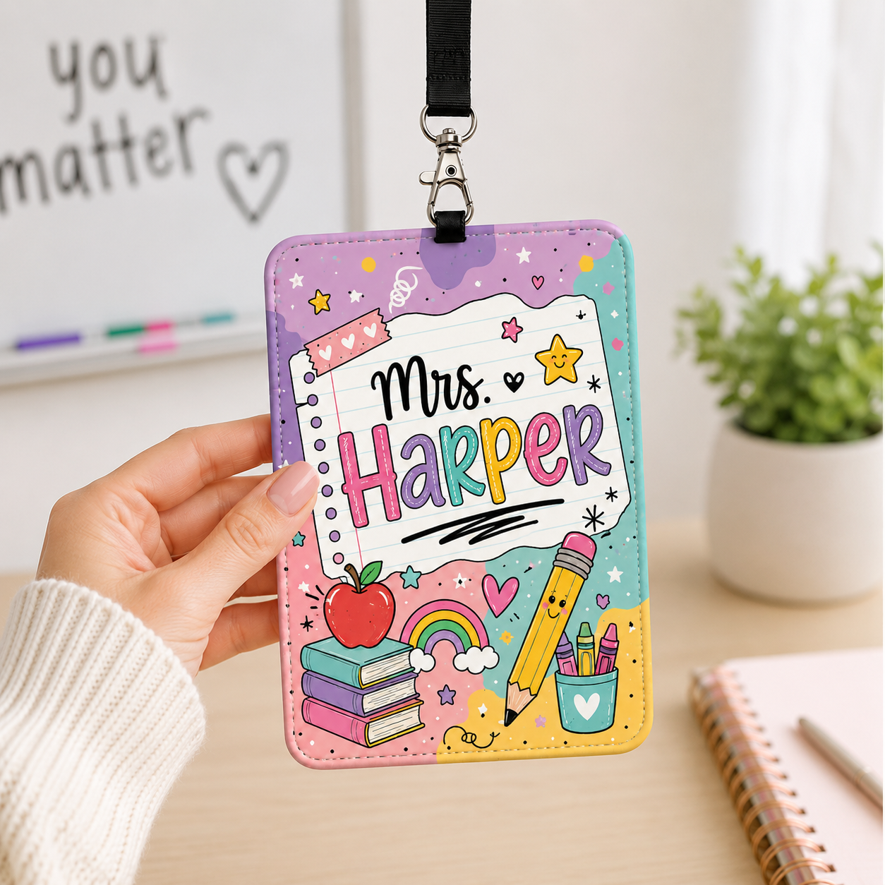 Colorful Teacher ID Badge Holder – Custom Name Lanyard