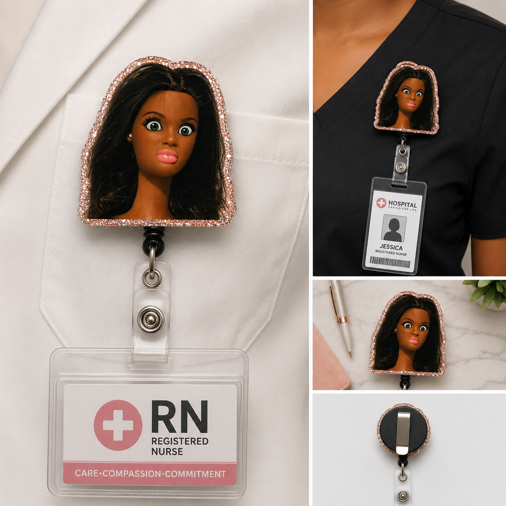 Black Doll Nurse Badge Reel – Funny Retractable RN ID Clip