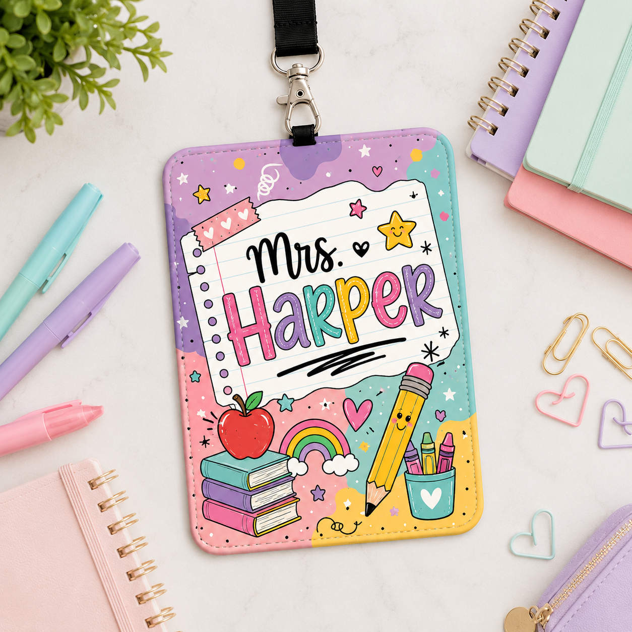 Colorful Teacher ID Badge Holder – Custom Name Lanyard
