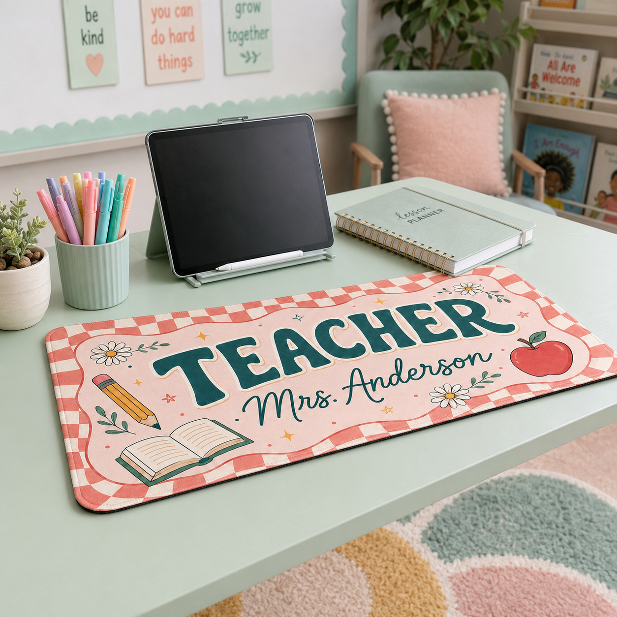 Pink Striped Teacher Name Desk Mat