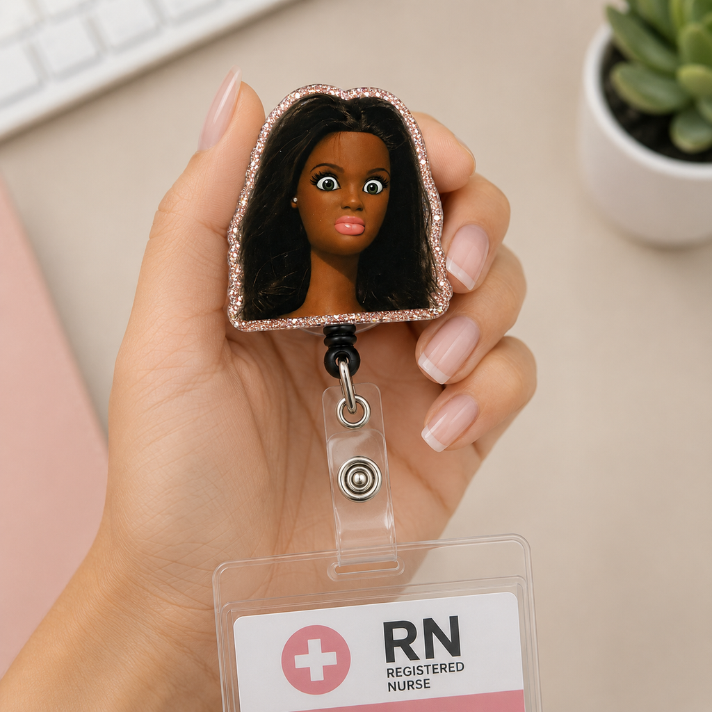 Black Doll Nurse Badge Reel – Funny Retractable RN ID Clip