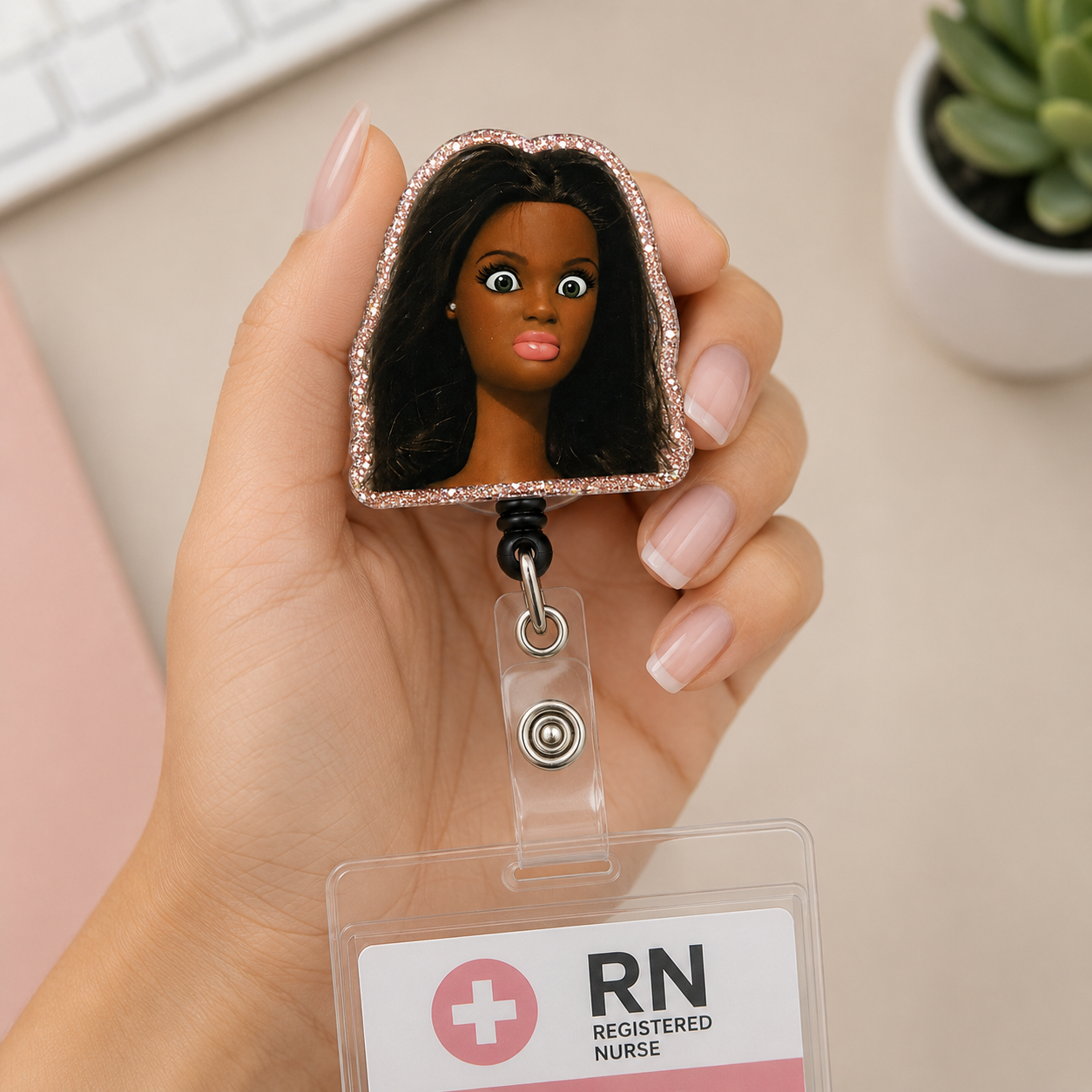 Black Doll Nurse Badge Reel – Funny Retractable RN ID Clip