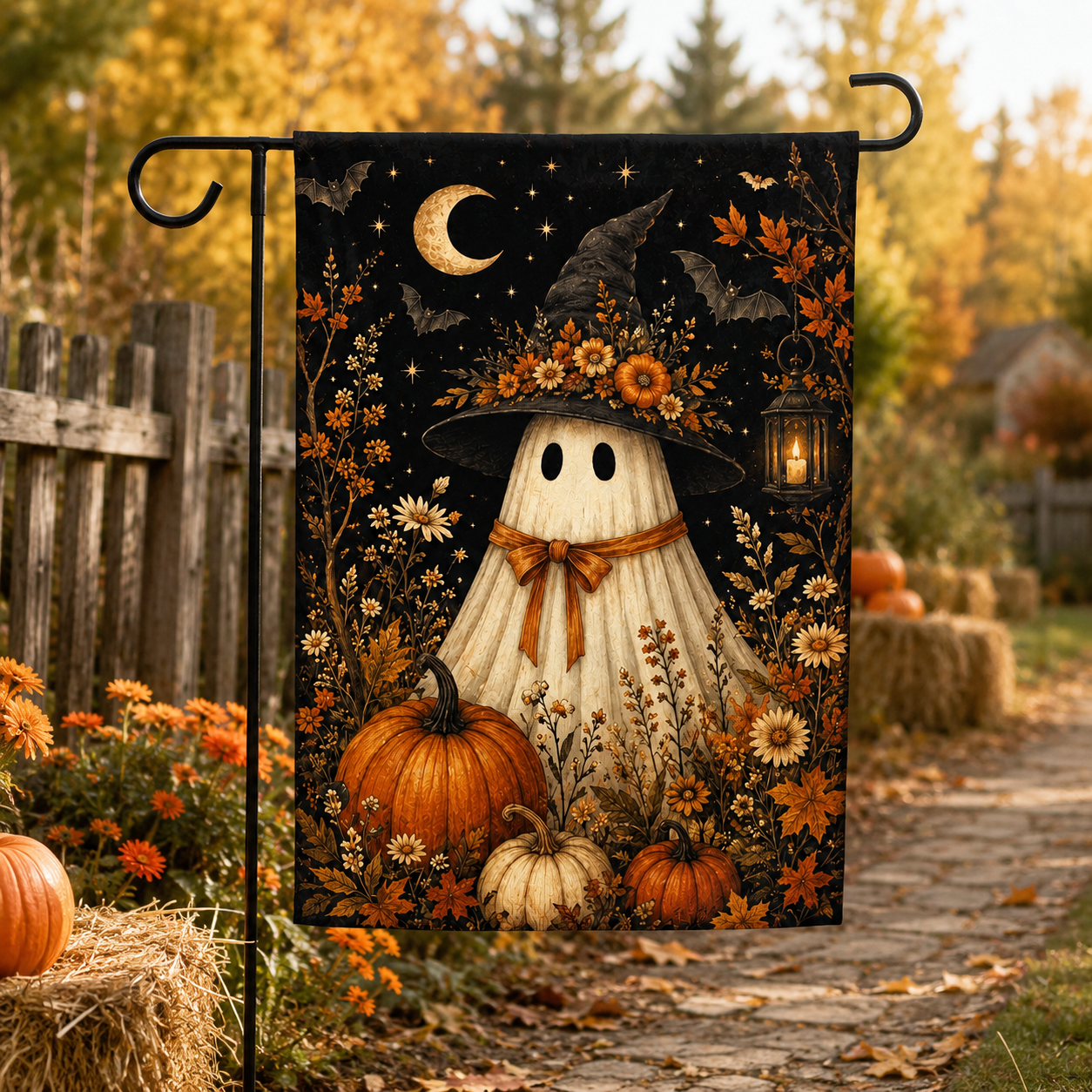 Floral Ghost Witch Halloween Garden Flag